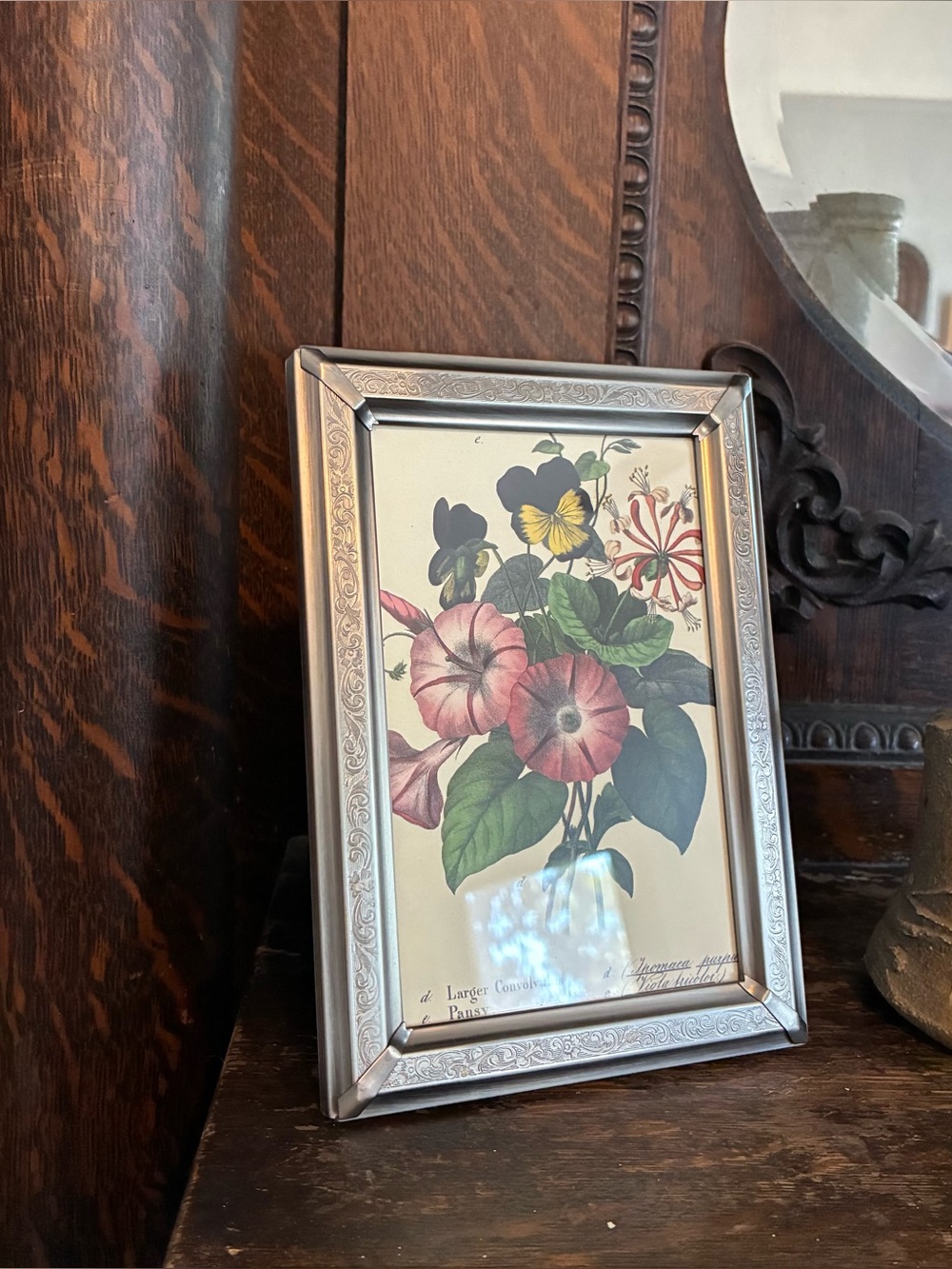 Vintage Silver Aluminum Etched Frame Botanical Floral Print Freestanding 7x5